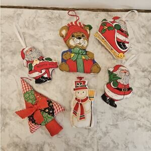 Vintage Stuffed Fabric Christmas Ornaments 70s 80s Hand Stitched Pillow Lot Of 6